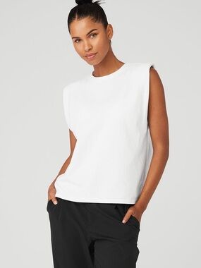 Alo Yoga Headliner Shoulder Pad Sleeveless Tee White XS Cotton Muscle Tank